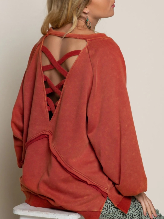 POL Tops - P123 NWT POL Crewneck Sweatshirt Criss Cross Back Cutout Raglan Seam Distressed
